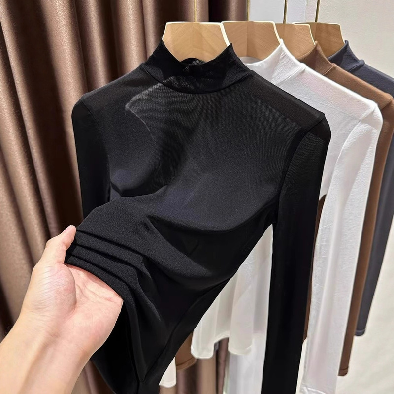 Mid-Collar Mesh Bottoming Shirt Women's Sweater with Long Sleeves Spring Autumn Winter Black Transparent Tulle Half Turtleneck Lace Top