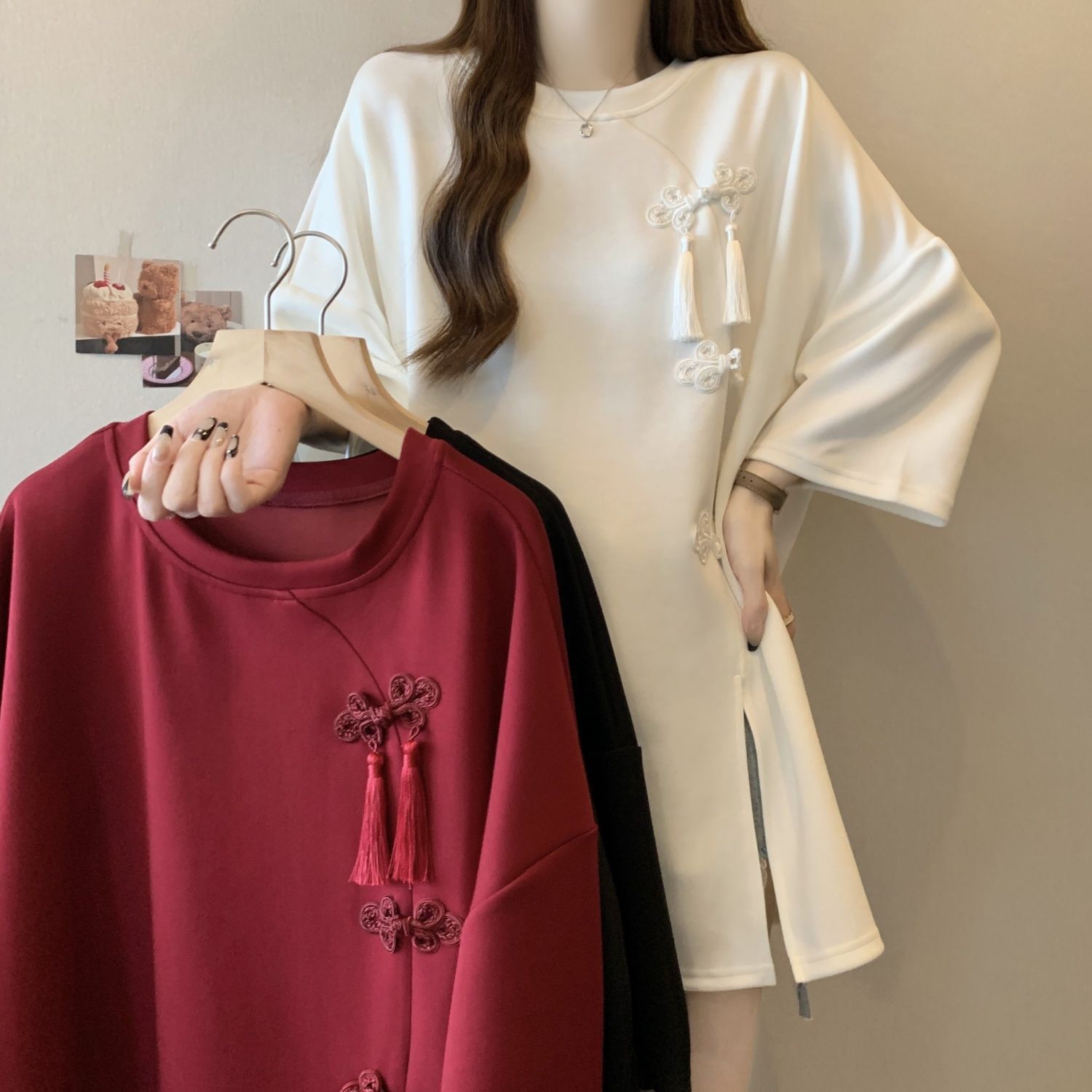 Camiseta de manga corta con hebilla de estilo nacional de la industria pesada para mujeres 2024 verano nuevo estilo suelto y delgado top de talla grande para mujeres ins image 5