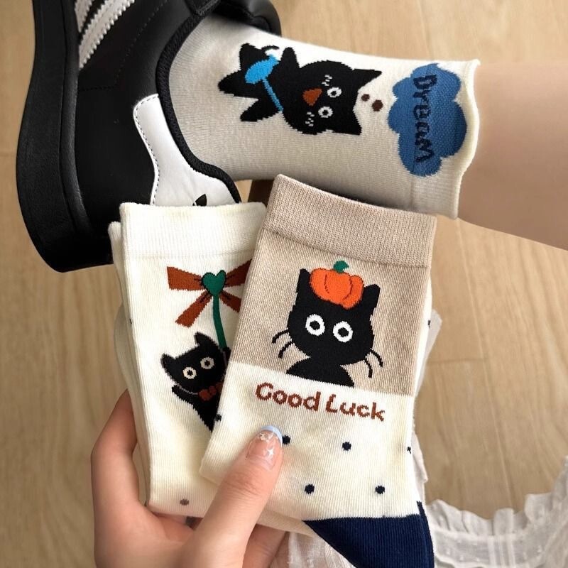 Socks for Women Korean Style Ins Cartoon Mid-Calf Socks Autumn and Winter Students Cute and Interesting Personalized Cat Polka Dot Long Socks Socks for Women Korean Style Ins Cartoon Mid-Calf Socks Autumn and Winter Students Cute and Interesting Personalized Cat Polka Dot Long Socks