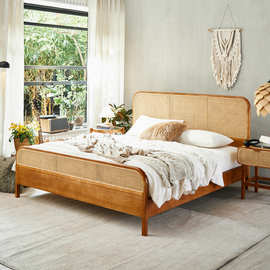 日式实木藤编大床现代简约白蜡木双人小户型卧室家用床主人房2米