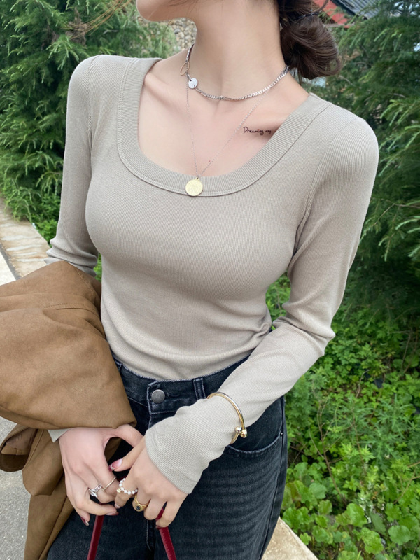 蓝色方领打底衫女装内搭2025新款春夏季正肩显瘦修身长袖恤上衣|undefined