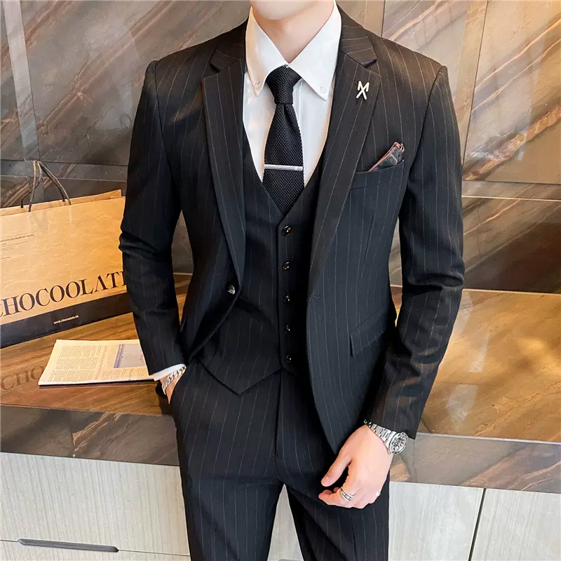 西装男式套装三件套韩版修身款商务男条纹职业正装伴郎服新郎男装