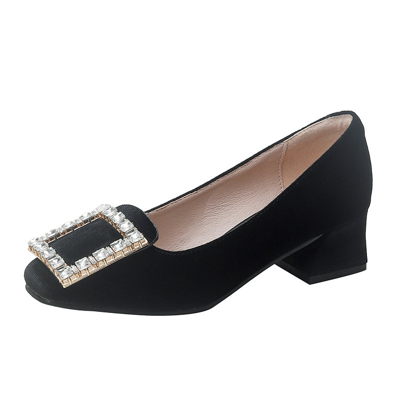 2022 nuevos zapatos de primavera para mujer, estilo coreano de todo fósforo, diamantes de imitación, hebilla cuadrada, temperamento, zapatos de mujer, tacón grueso, punta redonda, tacones altos negros
