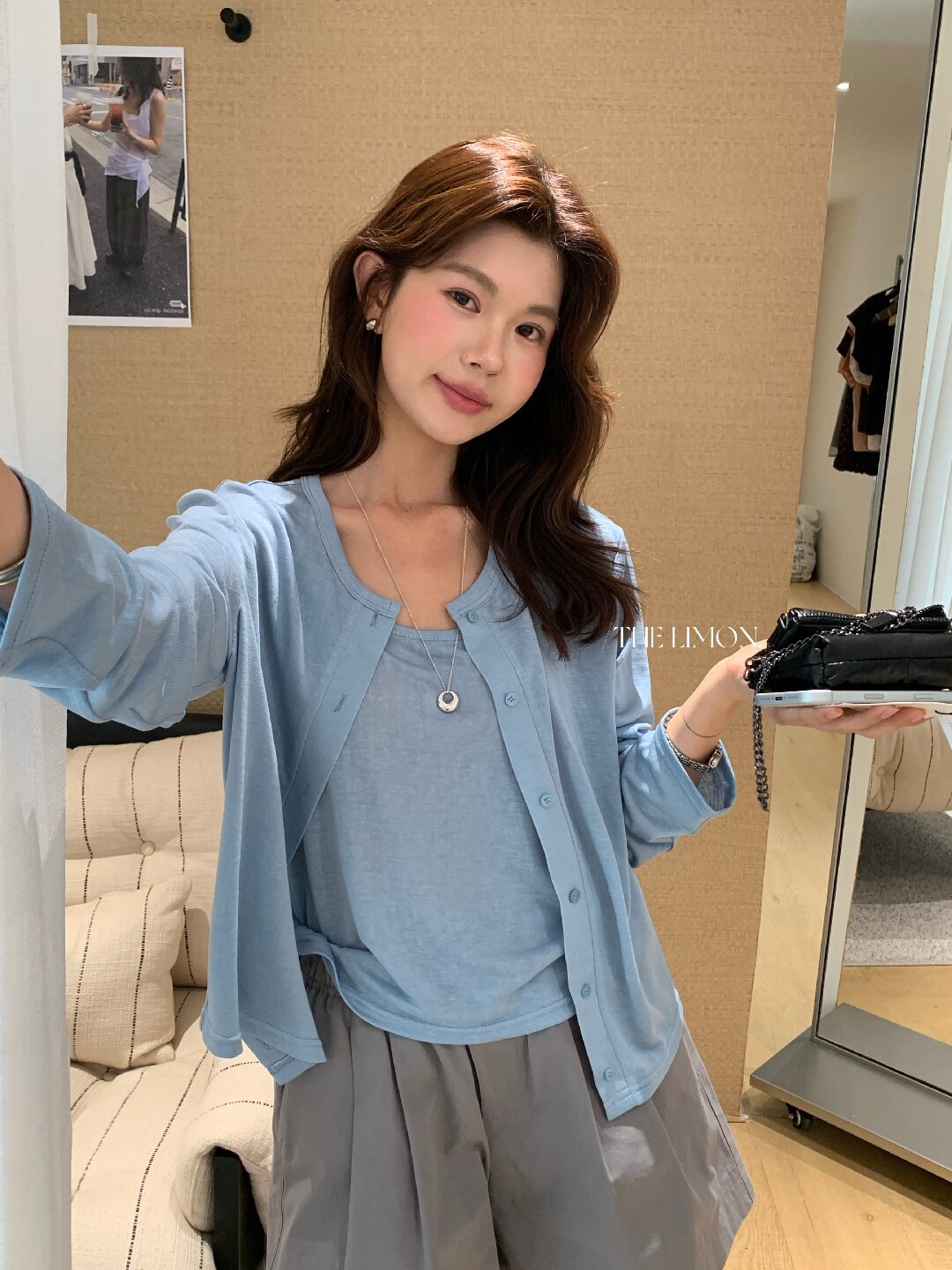 Bộ cardigan len mỏng kèm áo hai dây hai mảnh nữ mùa hè — Xám cacbon, xanh lam, màu hồng, Đậu xanh chi tiết 81