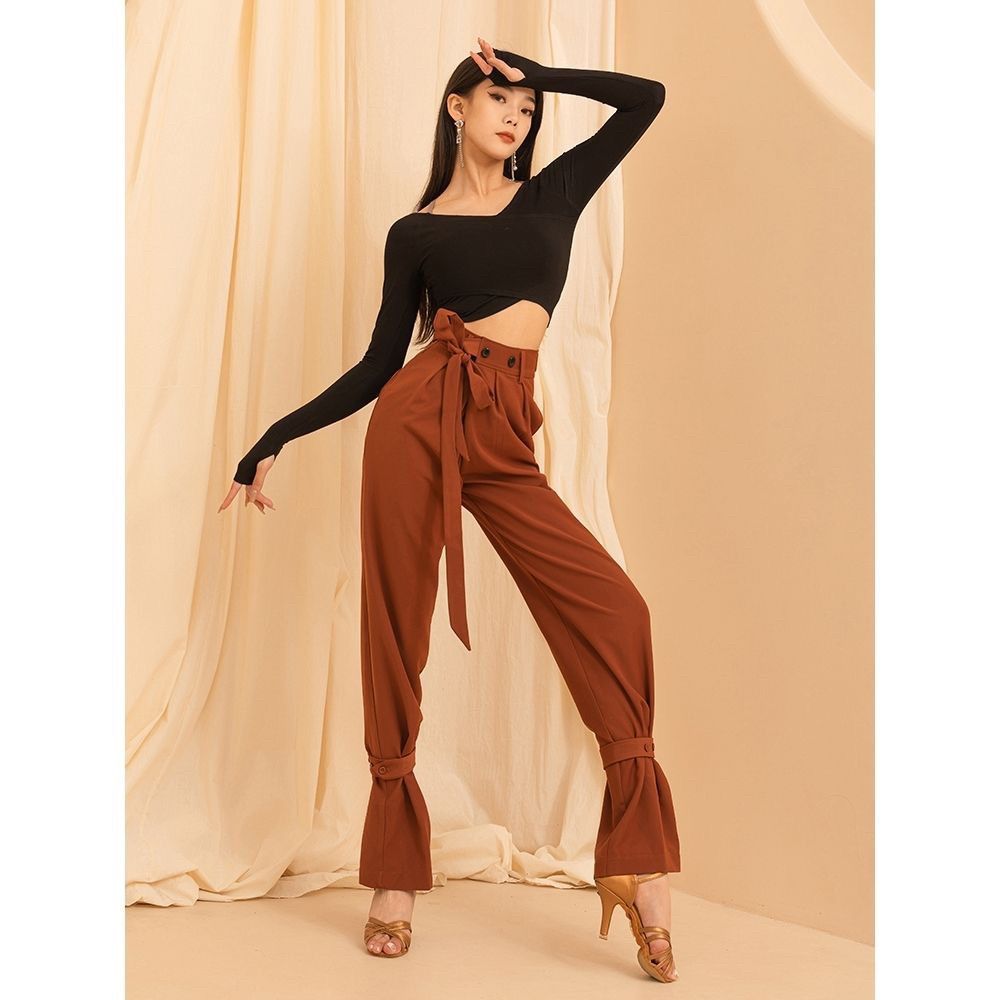 Modern Dance Pants for Women, New Latin Dance Ballroom Dance Long Pants, High-Waisted with Ribbon, Loose-Fitting Practice Jogger Pants
