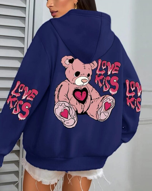 Pink Love Kiss Letter Print Women's Hoodie Autumn Loose Casual Pocket Fleece Pullover Pink Love Kiss Letter Print Women's Hoodie Autumn Loose Casual Pocket Fleece Pullover