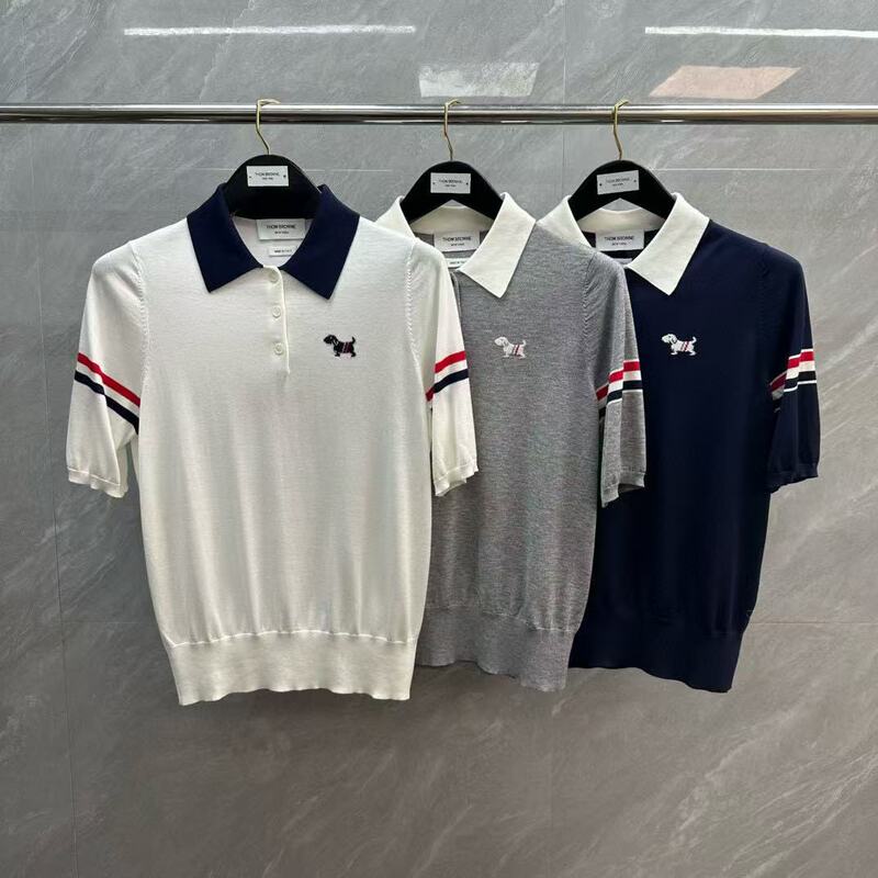 Factory Direct Sales Tb Women's Double-Sleeved Red, White and Blue Color Striped Puppy Jacquard Lapel Polo Short-Sleeved Preppy Style Knitwear