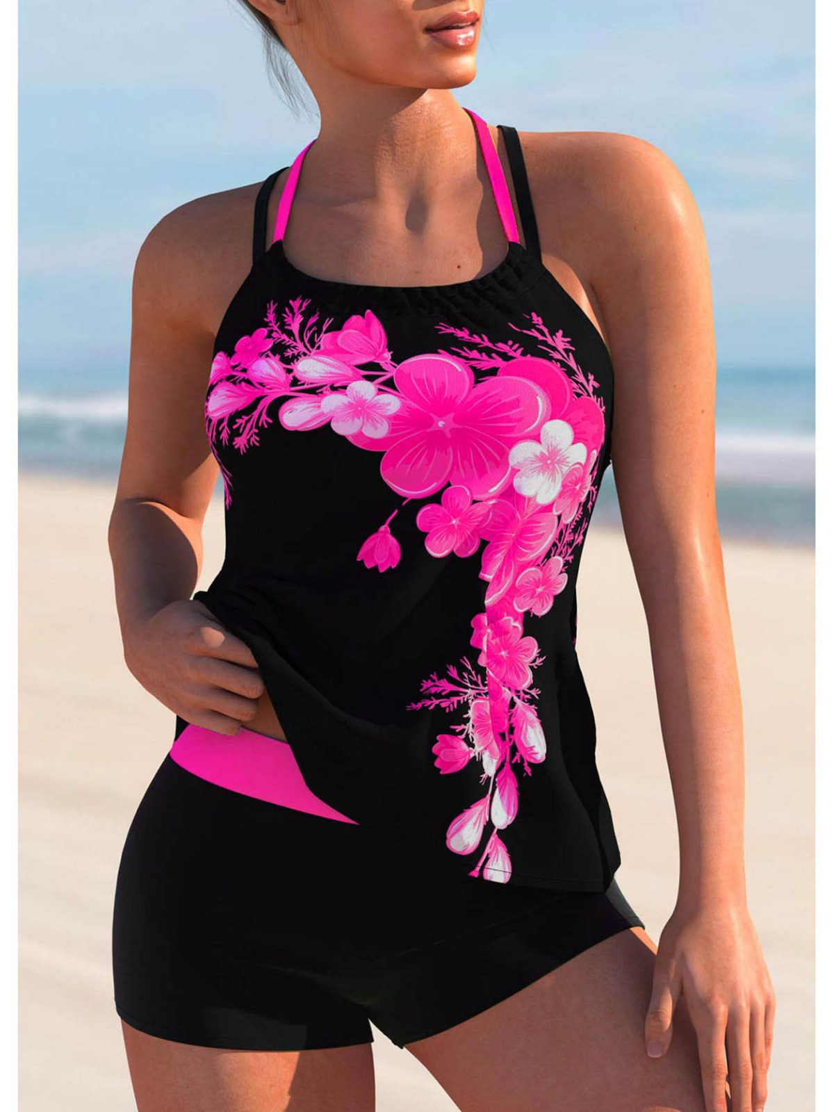 WOLFF black tankini with double straps and print