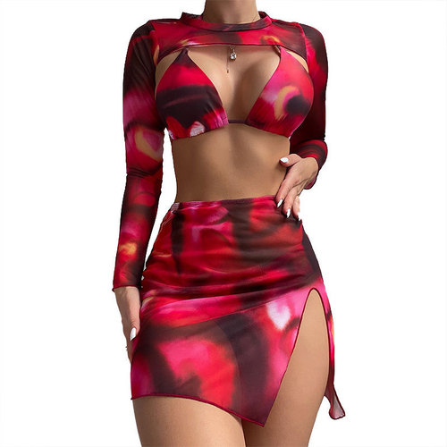 2025 Western European tie-dye bikini set women's long sleeve cover-up beach bikini swimwear