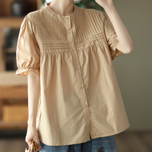 New vintage sweet organ pleated top ladies temperament shirt lace short sleeve shirt factory wholesale