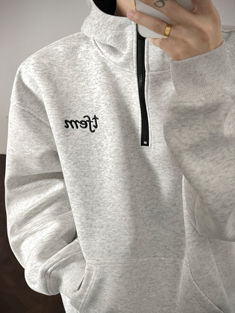 Felpa con cappuccio ricamata da uomo con zip in cotone pesante_voghion.com