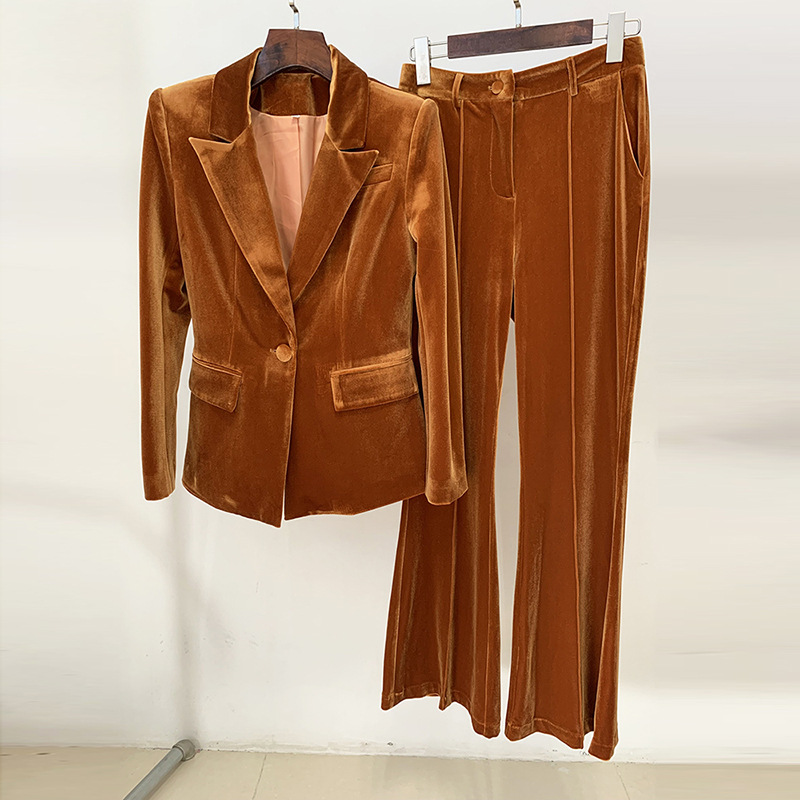 Women's Clothing Autumn And Winter Professional Fashion One Button Gold Velvet Suit Jacket Flared Pants Suit Two Piece Set_voghion.com