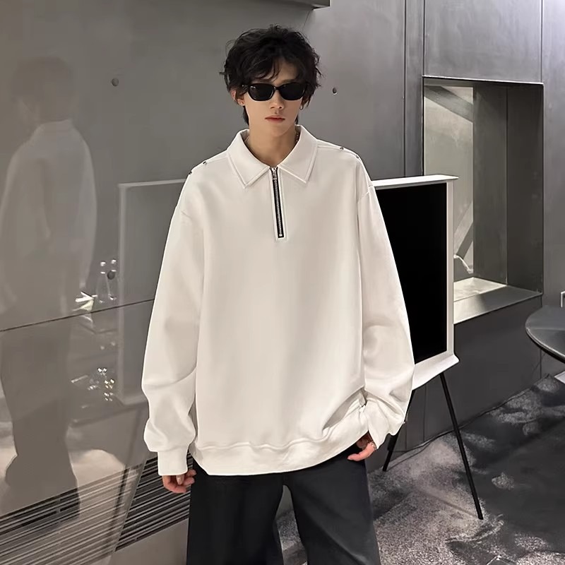 Primavera y otoño, camiseta negra de manga larga con remaches de alta calidad, chaqueta de media cremallera, camiseta universal para hombres