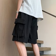 V37黑色工装短裤男生2024夏季新款大口袋设计感宽松直筒休闲裤子