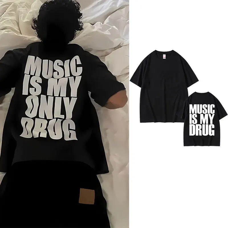 Music Is My Streetwear Slogan Graphic T-Shirt Suitable for Enthusiasts of Fashion, Hip-Hop, Trendy Styles, and Unisex Fashion Brands