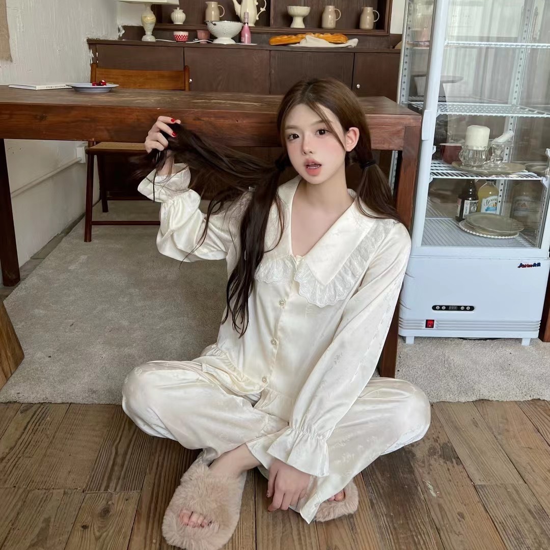 [밀크젤리 한 입] 2024 년 가을 새 연꽃 칼라 긴팔 자카드 아이스 실크 파자마 달콤한 그물 유명 홈 의류