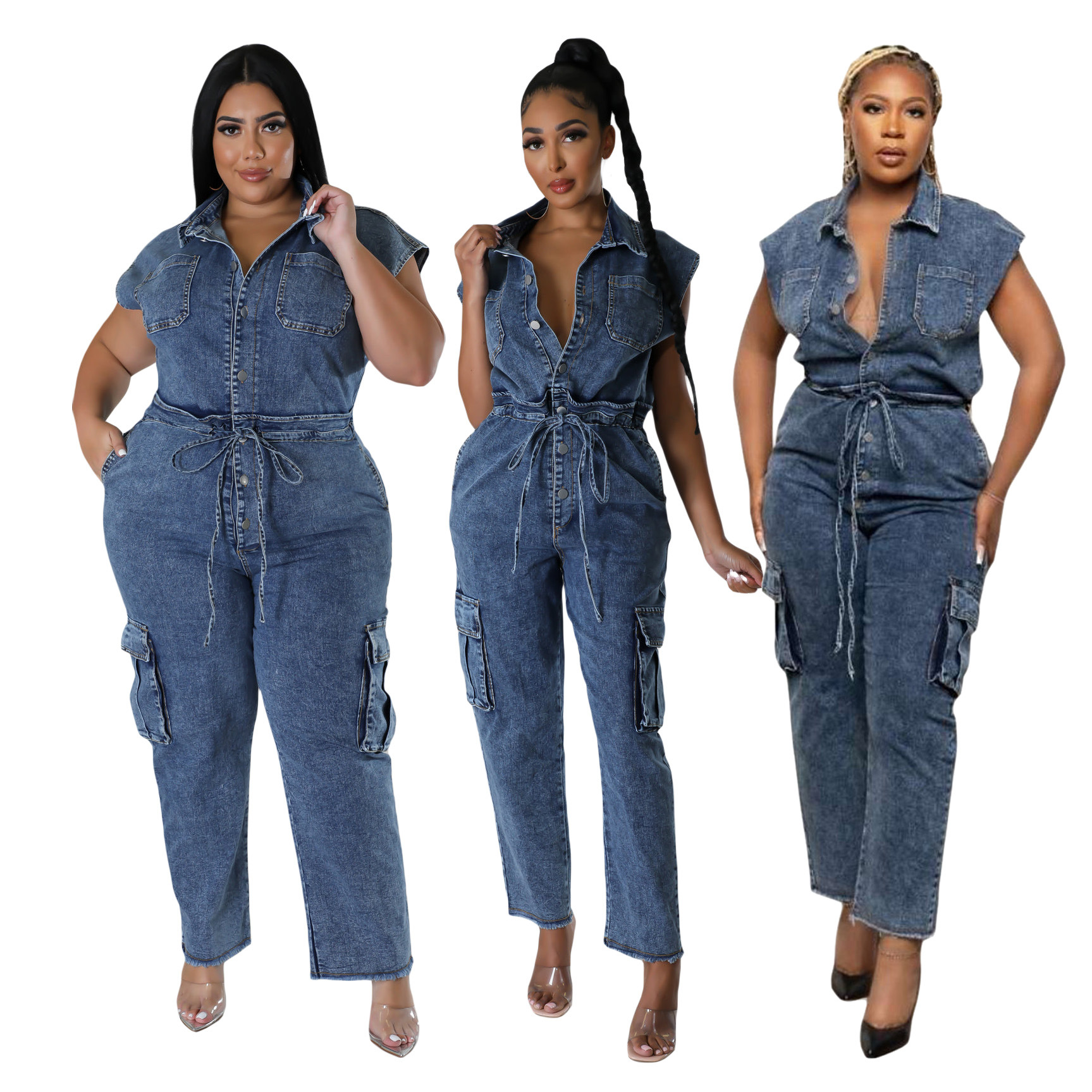 Women's Clothing 6983 tight waist slim elastic washed denim jumpsuit straight loose jumpsuit_voghion.com