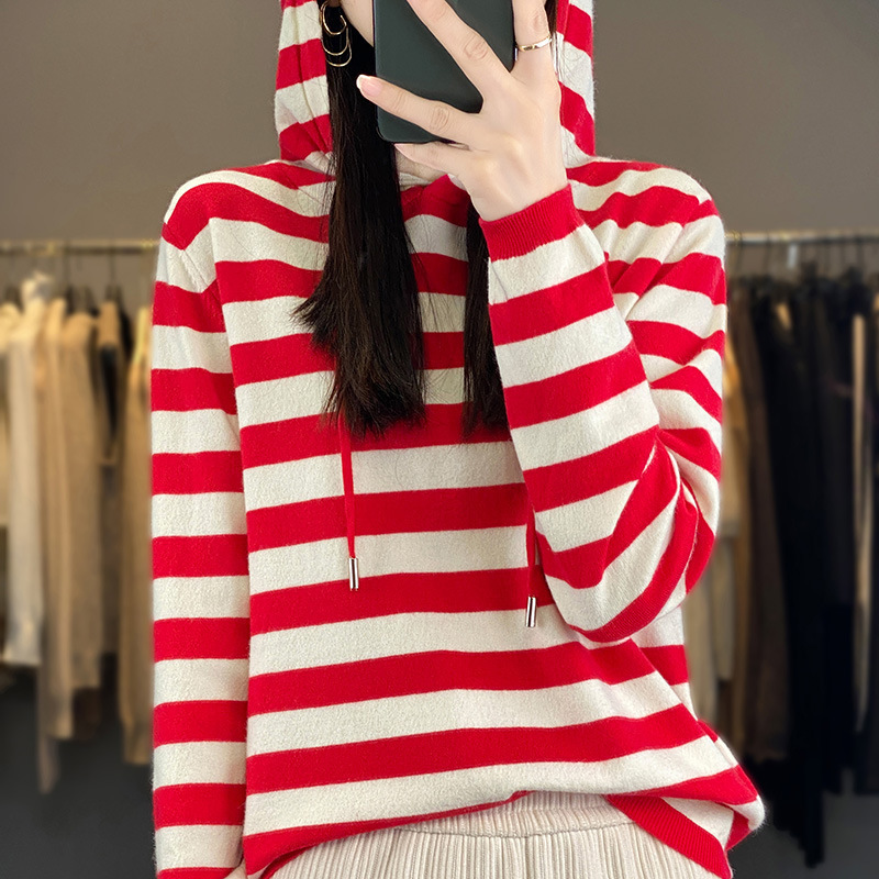 Cross-Border Autumn and Winter New Hooded Striped Sweater for Women, Loose Casual Sweatshirt, Age-Reducing Korean Style Inner Base Layer