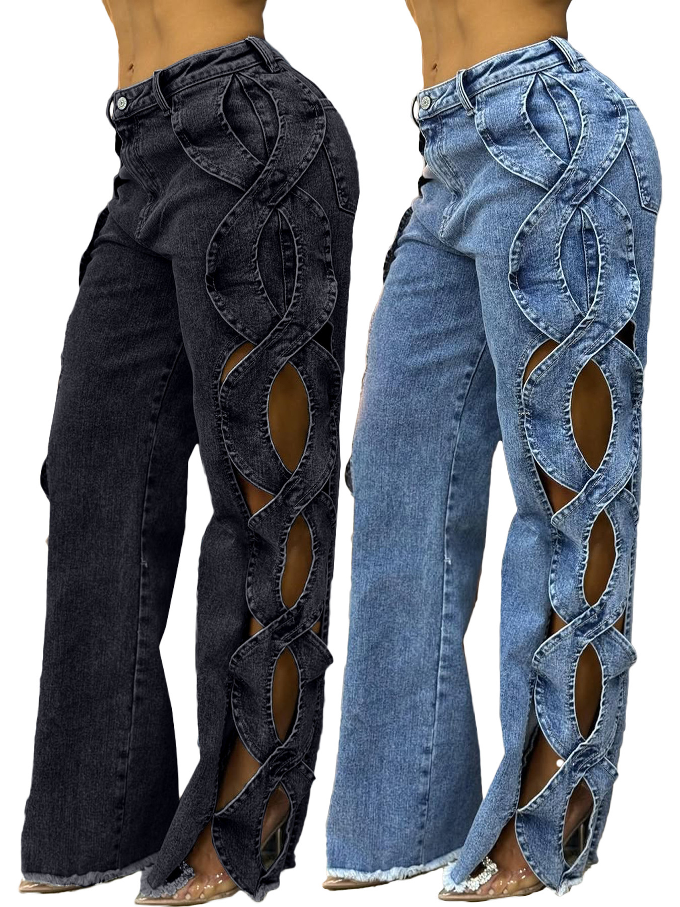 Women's Side Cutout S-Line Denim Pants – Edgy Patchwork Jeans With Distressed Details (Blue/Black-Gray, S-2XL)​_mkmklike.com