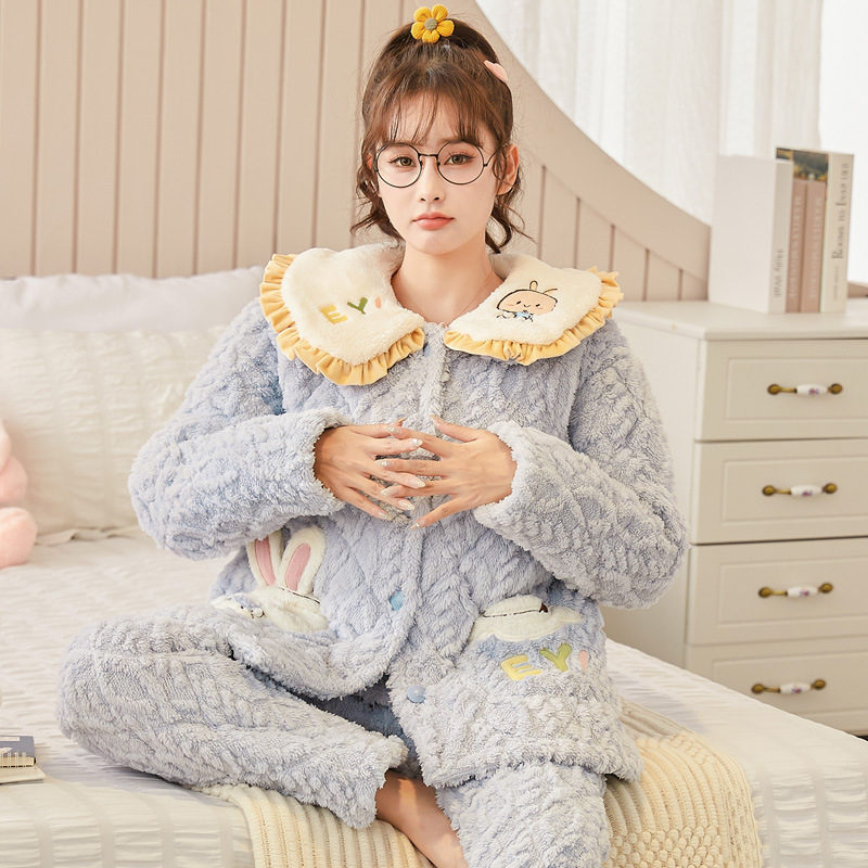 2024长毛绒款冬季三层夹棉孕妇加厚珊瑚绒提花月子服睡衣女哺乳服