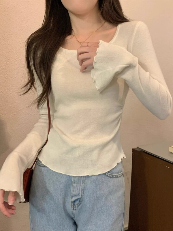 小个子木耳边喇叭袖长袖t恤上衣女秋季新款甜美风方领修身打底衫|undefined