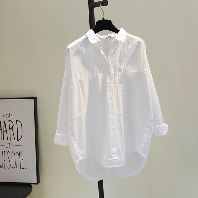 Korean Double Flap Pocket Pants Short Front and Long Back White Shirt for Women Spring & Fall New Korean Style Loose Literary Bf Style Casual Shirt Trend Korean Double Flap Pocket Pants Short Front and Long Back White Shirt for Women Spring & Fall New Korean Style Loose Literary Bf Style Casual Shirt Trend