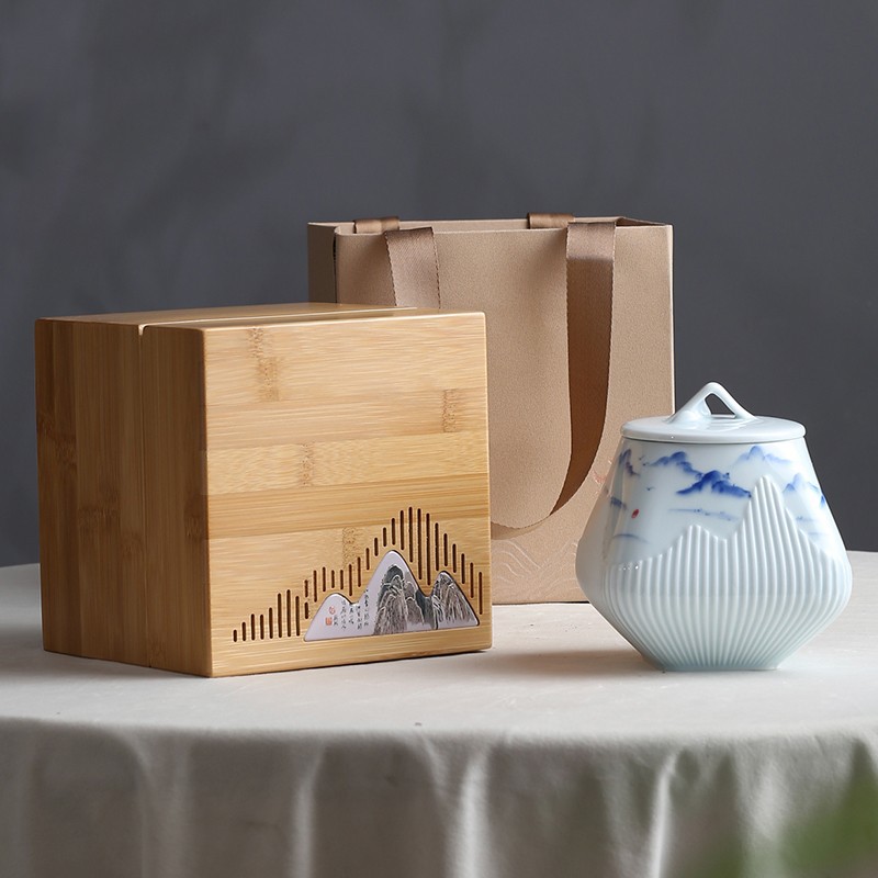 2022山行高档陶瓷罐茶叶包装盒空礼盒碧螺春龙井通用礼盒定竹盒