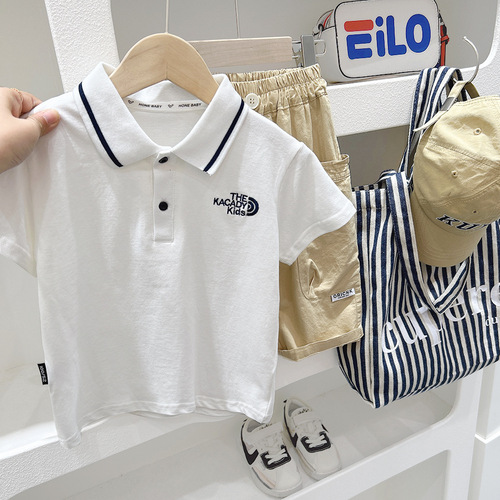 Boys short-sleeved polo shirt lapel T-shirt summer middle and older children's clothing baby half-sleeved style letter top trendy