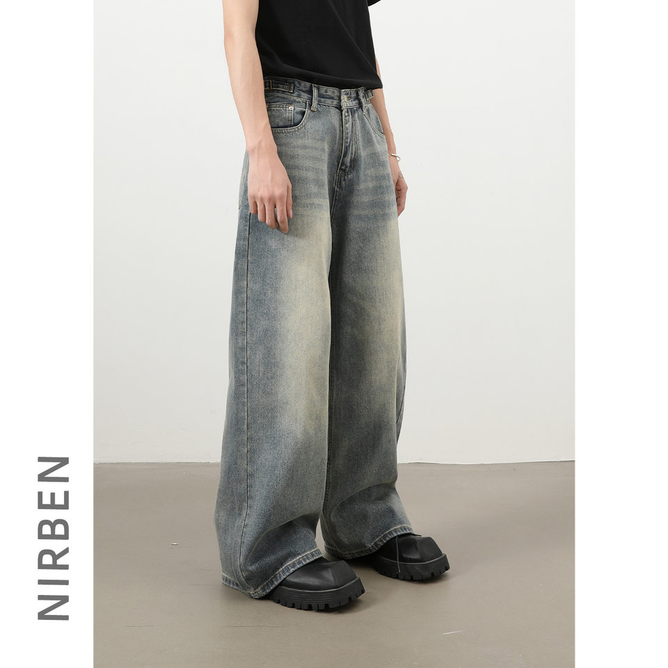 Quần jeans nam ống rộng dáng thẳng phong cách retro, chất denim cotton thoải mái — màu xanh