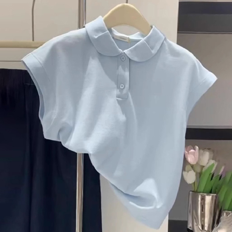 Blue Small Flying Sleeves Right Shoulder Short-Sleeved T-Shirt for Women Summer 2025 New Preppy Style Loose Polo Collar Short Top