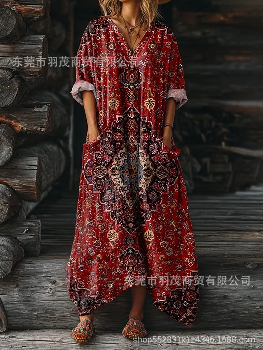 2025新款独立站女式复古花卉艺术图案印花口袋V领口袋连衣裙|undefined