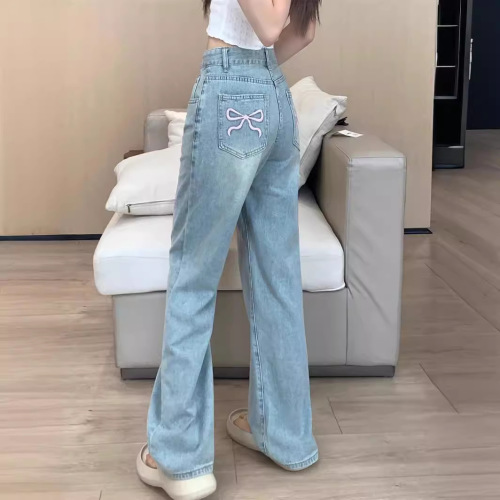 American-style designed embroidered women's jeans for petite figures, high-waisted, loose, flattering, and flowy wide-leg pants for women