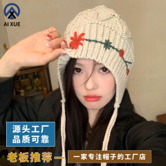 2025秋冬款流苏针织包头帽子女手工钩长辫花朵毛线帽显脸小保暖帽