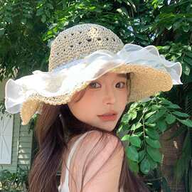 蕾丝草编太阳帽子女大帽檐夏季透气草帽海边遮阳防晒防紫外线帽子