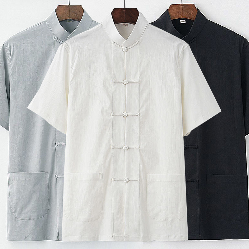 Linen Short-sleeved Shirt Men's Summer Chinese-style Loose Thin Cotton and Linen Top with Buckle Retro Casual Half-sleeved Tang Dress