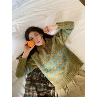 费尔岛提花撞色针织衫女春秋2026新款polo领设计感毛衣