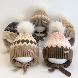 2024 new children's rhombic jacquard knitted ear protection cap for boys and girls baby autumn and winter fleece-lined warm hat