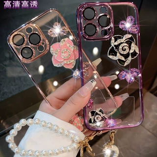 适用苹果17promax手机壳新款iPhone16 pro水钻山茶花13透明18挂绳