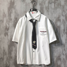 夏季小菊花雏菊学院风白色领带衬衫男韩版潮流帅气宽松短袖衬衫衣