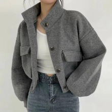 韩国chic秋冬新款复古立领单排扣宽松休闲百搭长袖短款毛呢外套女