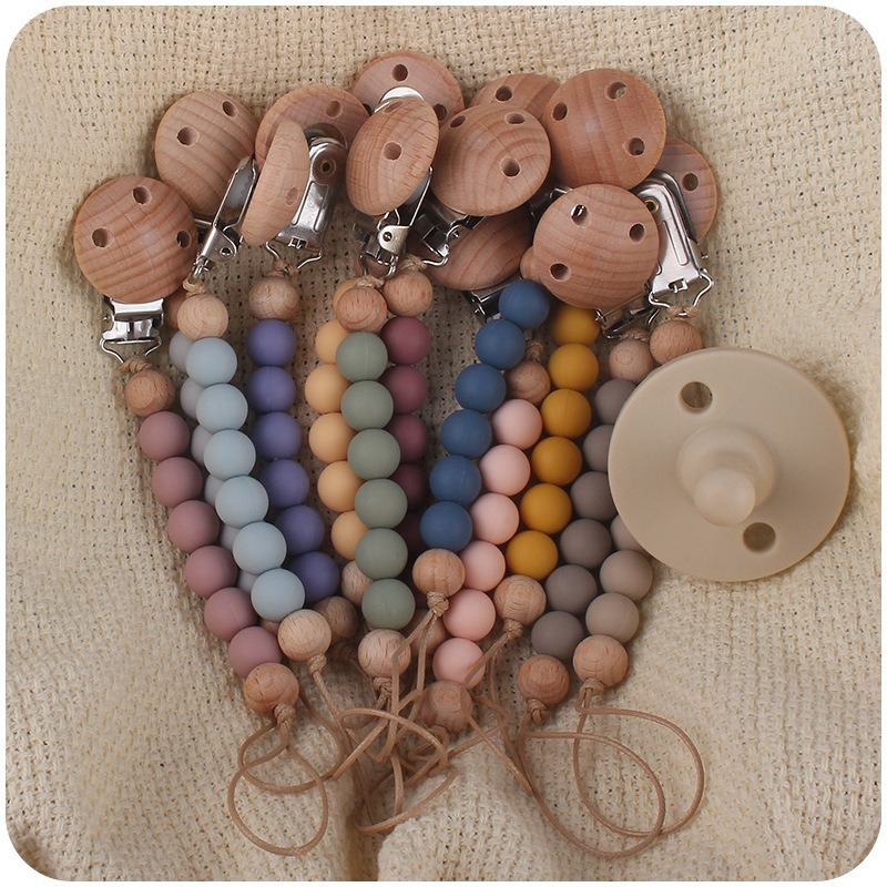 New baby products beech wood pacifier clip to appease baby silicone beads bite molar tooth glue toy anti-drop chain