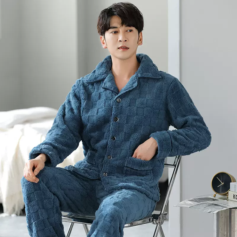 【断码福利】秋冬季加厚男士法兰绒睡衣开衫翻领保暖珊瑚绒家居服