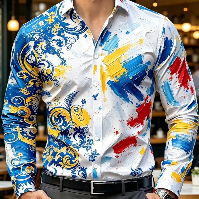 2026 Light-Colored Men's Shirt Casual Printed Shirt High-Quality Long-Sleeve Turn-Down Collar Street Fashion European and American Style Shirt