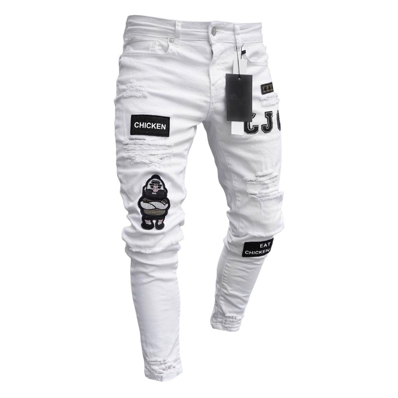 Elástico transfronterizo AliExpress Amazon deseo europeos y americanos de comercio exterior de los hombres vaqueros flacos bordados rasgados pantalones flacos