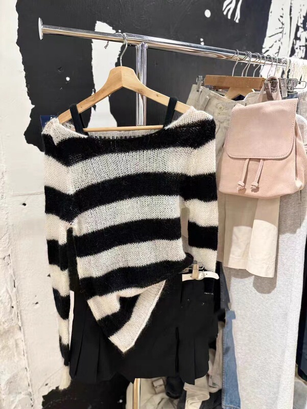 BM style American style off-neck striped loose all-match sweater pullover zebra pattern bm long sleeve sweater women's top
