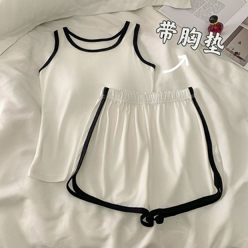 Cross-Border Wholesale Summer Padded Camisole Shorts Sports Pajamas Women's Ice Silk Thread Solid Color Wearable Suit