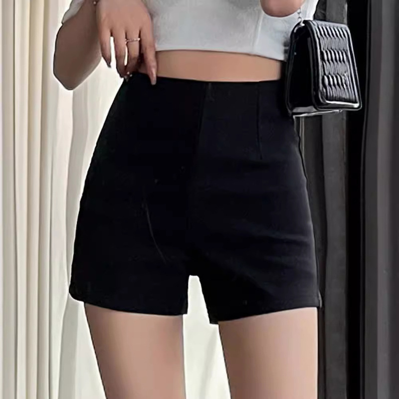Black High-Waisted Women's Shorts, A-Line Casual Shorts for Outerwear, 2024 New Style, High-Waisted Slimming Boot Shorts