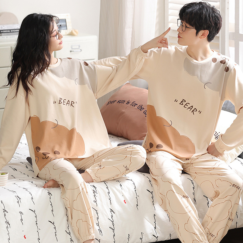 【100% 純綿】カップルパジャマ女性春と秋の綿100% 長袖セット男性ホームウェア可愛いアニメ