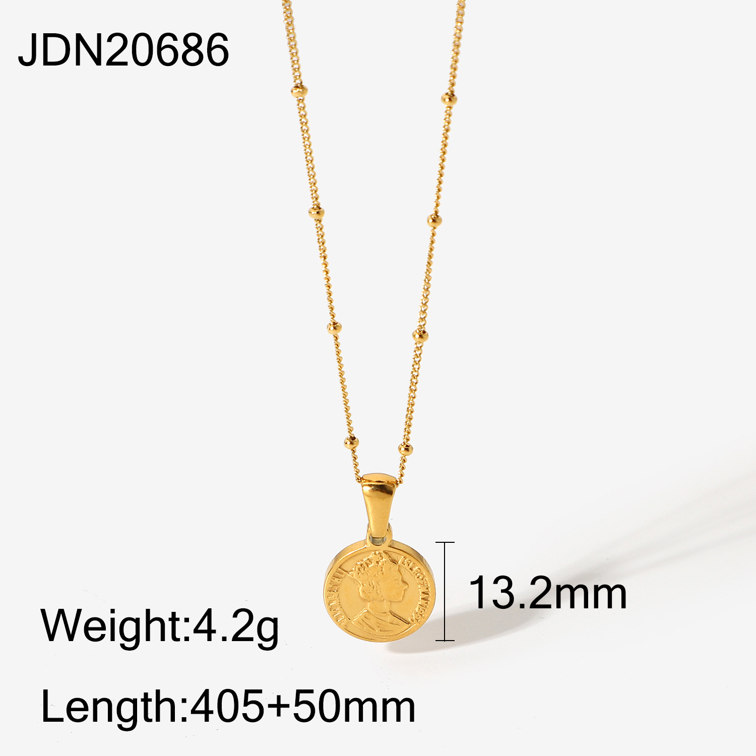 Vintage Stainless Steel Jewelry 18k Gold Bead Chain Hyperbolic Queen Elizabeth Disc Coin Pendant Necklace display picture 6
