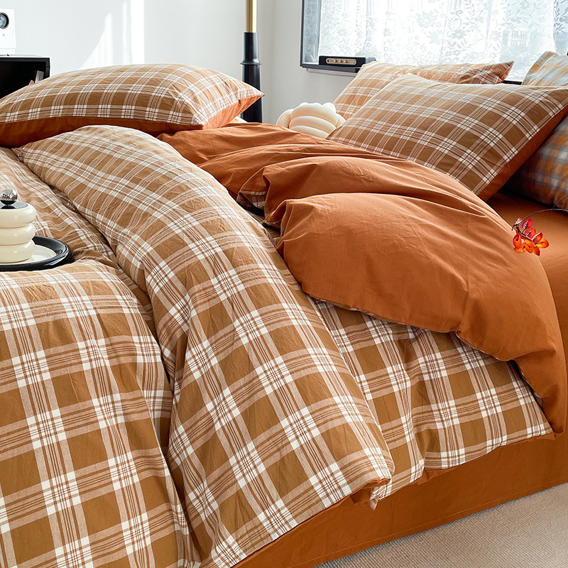 Cama de algodón lavado de algodón de cuatro piezas, sábana de algodón, funda de edredón, dormitorio de estudiantes, ropa de cama de tres piezas, ropa de cama